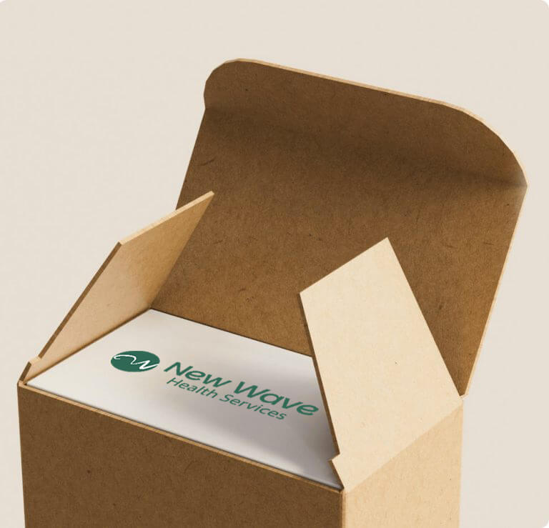 An open brown cardboard box displays a white item inside labeled "New Wave Health Services" with a green logo.