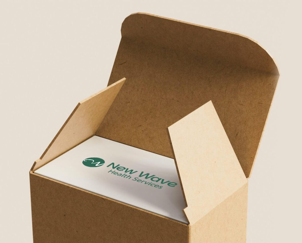 A brown cardboard box is open, revealing a white item inside with the green logo and text "New Wave Health Services.